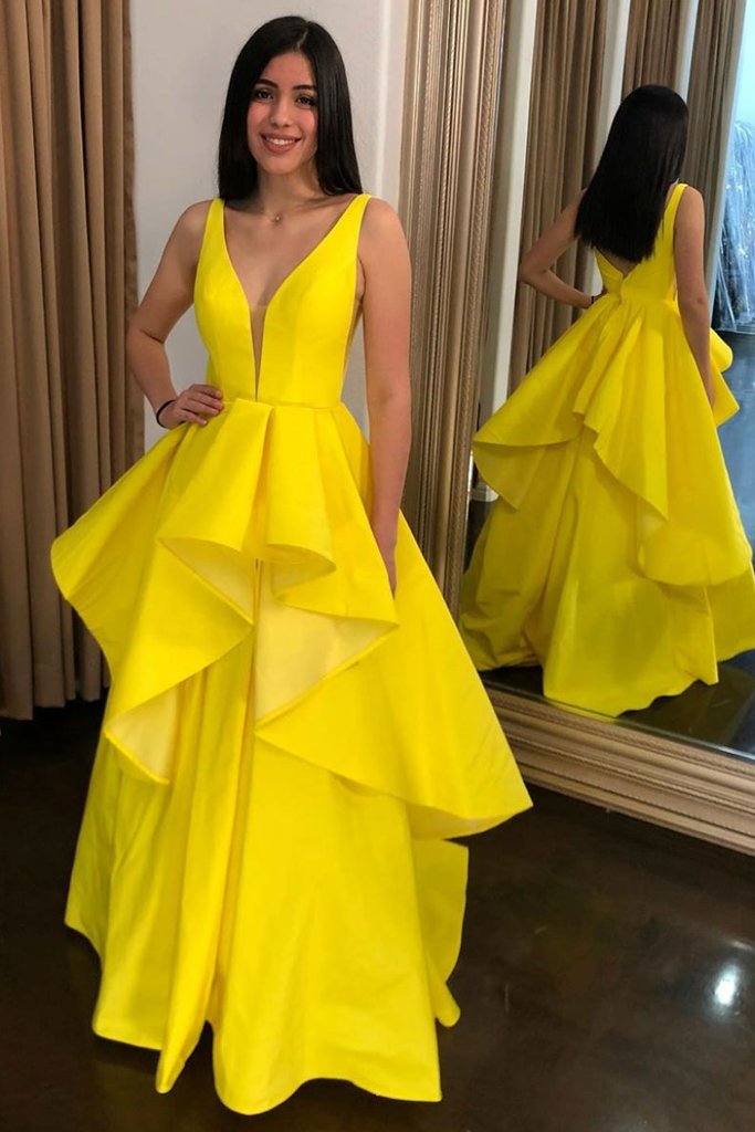 V Neck Long Satin Yellow Ruffles Prom Dress