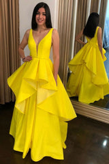 V Neck Long Satin Yellow Ruffles Prom Dress