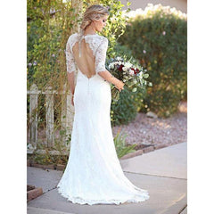 Sheath Column Lace Bateau 1/2 Sleeves Sweep/Brush Train Wedding Dress