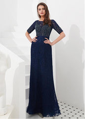 Tulle Bateau Navy Floor-length A-line Evening Dress
