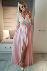 Cheap Black Lace V-neck Long Sleeve Appliques Prom Dress With Slit