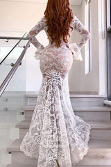 Sexy V-neck Long Lace White Long Sleeve Prom Dress With Slit