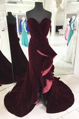 Velvet High Low Sweetheart Long Burgundy Mermaid Prom Dress