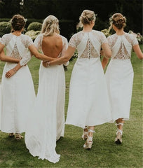 White Satin Lace Hi Lo Short Sleeve Bridesmaid Dress