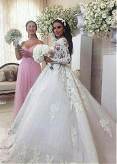 Lace Appliques Tulle Bateau Long Sleeve Ball Gown Wedding Dress