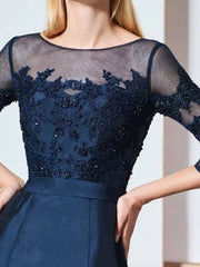 Mermaid / Trumpet Luxurious Elegant Engagement Formal Evening Dress Illusion Neck Half Sleeve Sweep / Brush Train Taffeta with Embroidery Appliques - RongMoon