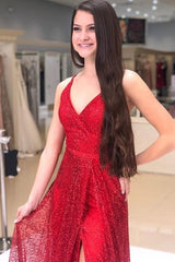 Deep V-neck A-Line Red Tulle Sequins Prom Dress With Side Split