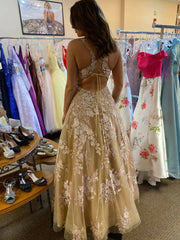 Champagne Halter Appliques Tulle Lace Up Prom Dress