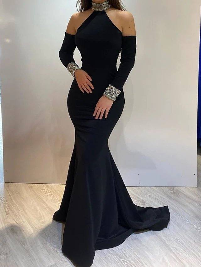 Mermaid / Trumpet Elegant Engagement Formal Evening Dress High Neck Long Sleeve Sweep / Brush Train Satin with Sequin - RongMoon