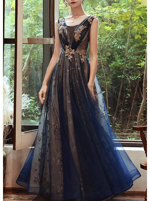 A-Line Glittering Wedding Guest Formal Evening Dress Scoop Neck Sleeveless Floor Length Organza with Sequin - RongMoon