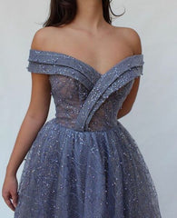 Blue Off The Shoulder Bling Bling Prom Formal Dress