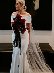 Covered Button White Satin Off the Shoulder Mermaid Wedding Dress