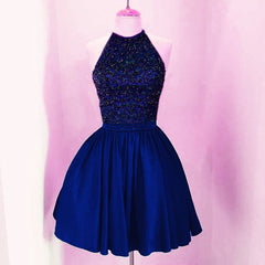 Grape A-line Beaded Halter Satin Homecoming Dresses Short Keyhole Back Prom Dresses