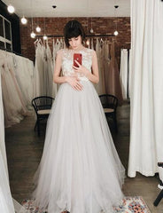 Floor Length A-Line Gray Appliques Backless Tulle Wedding Dress