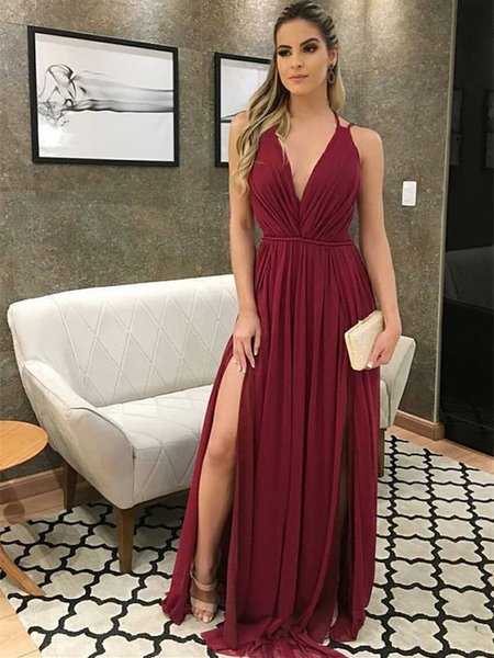 V Neck Chiffon Long Burgundy A Line Prom Dresses with Slit