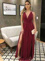 V Neck Chiffon Long Burgundy A Line Prom Dresses with Slit