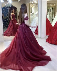 Dark Wine Off The Shoulder Appliques Long Formal Prom Dress