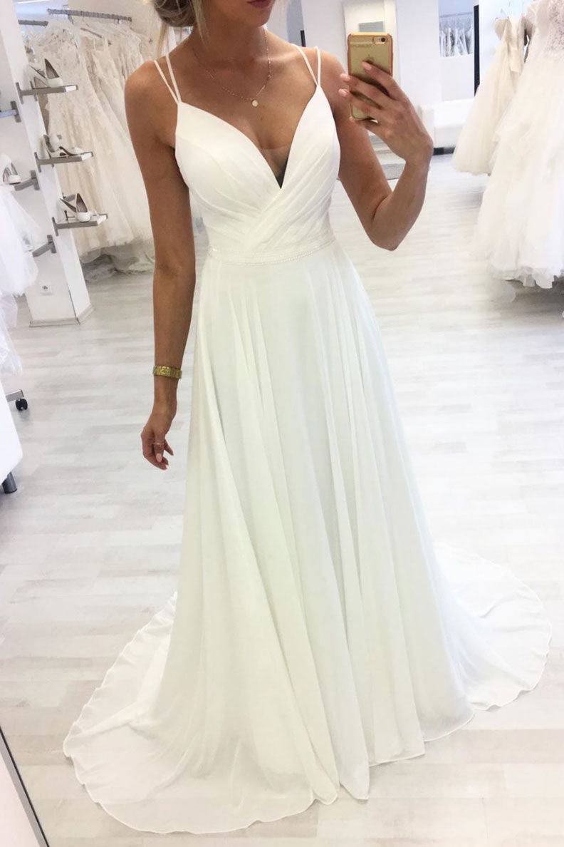 White v neck chiffon long prom dress white evening dress - RongMoon