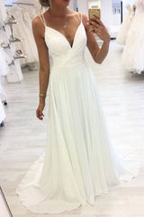 White v neck chiffon long prom dress white evening dress - RongMoon