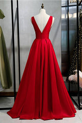 Red v neck satin long prom dress simple red evening dress - RongMoon