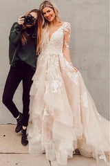 Appliques Champagne Sheer Long Sleeves Bridal Wedding Dress