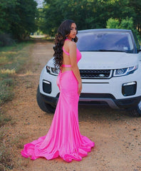 Backless Fuchsia Mermaid Satin Deep V-neck Prom Dress