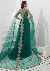 Tulle Jewel Detachable Shawl Green A-line Prom Dress
