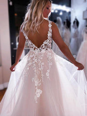 Princess V Neck Appliques Backless Wedding Dress
