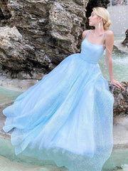 Sky Blue Sparkle Sequin Hater Backless Sexy A Line Prom Dress