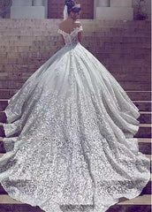 Tulle Off-the-shoulder Lace Appliques A-line Wedding Dress