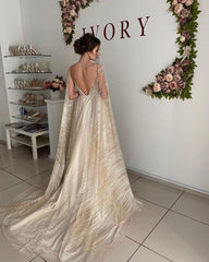 V-neck Sexy Backless Champagne Straps Shawl A-line Wedding Dress