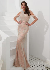 High Collar Beading Champagne Mermaid Evening Dress