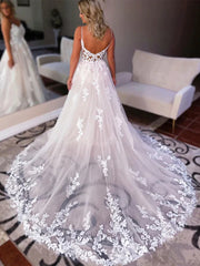 Champagne V Neck Appliques Tulle Wedding Dress