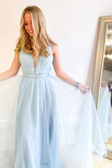 Sky Blue Deep V Neck Sexy Tulle Backless Prom Dress