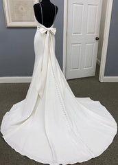 Satin V-neck Backless Button Bowknot White Mermaid Wedding Dress