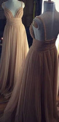 Champagne tulle long prom dress, tulle evening dress for teens - RongMoon