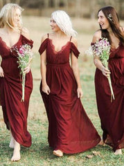 Chiffon Off Shoulder Dark Red Bridesmaid Dress with Ruffles