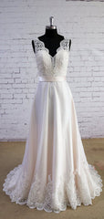 Column Sleeveless Special Wheat Color  V-Neck V-Back High Waist Lace Sweep Trailing Wedding Dresses, WD0023