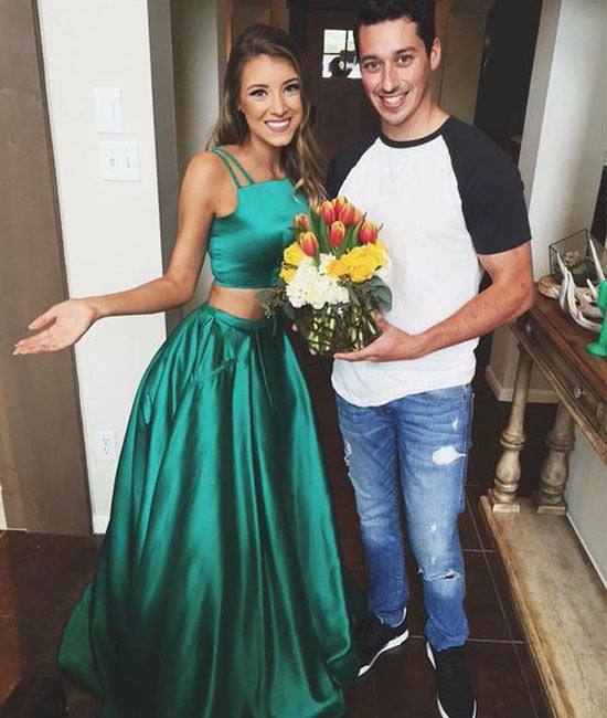 Green satin two pieces long prom dress, green evening dress - RongMoon