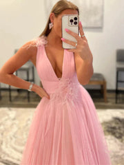 Pink V Neck Tulle Feather Flower Prom Dress