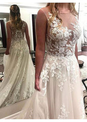 Tulle Bateau Beading See-through A-line Wedding Dress