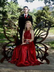 Lace A-Line Red Satin Two Piece Halter Backless Prom Dress