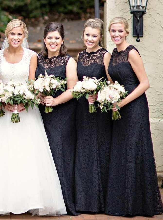 Black Round Neck Sleeveless Lace Bridesmaid Dress