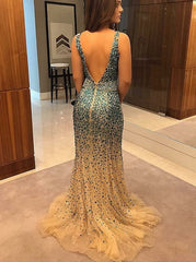 Mermaid V-neck Beading Blue Backless Prom Evening Dress