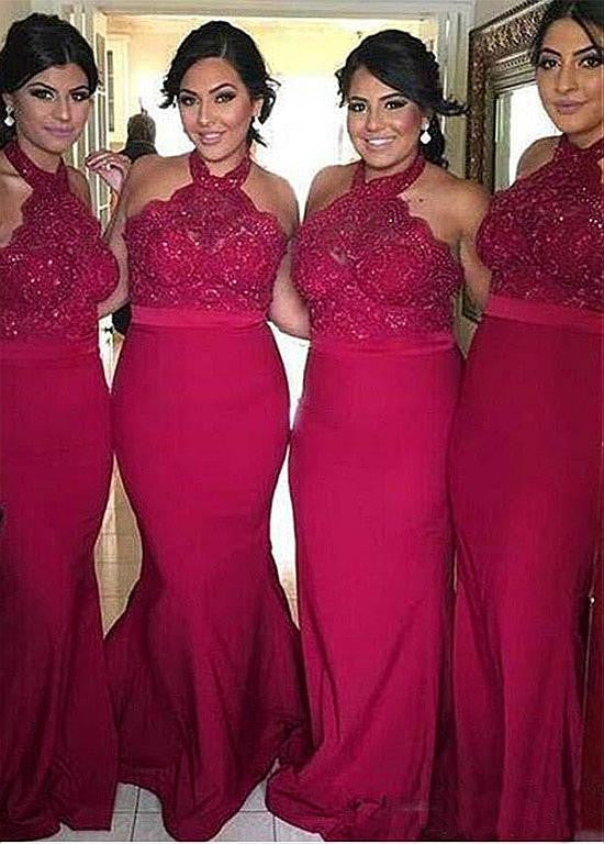 Tulle & Stretch Satin Halter Mermaid Bridesmaid Dresses