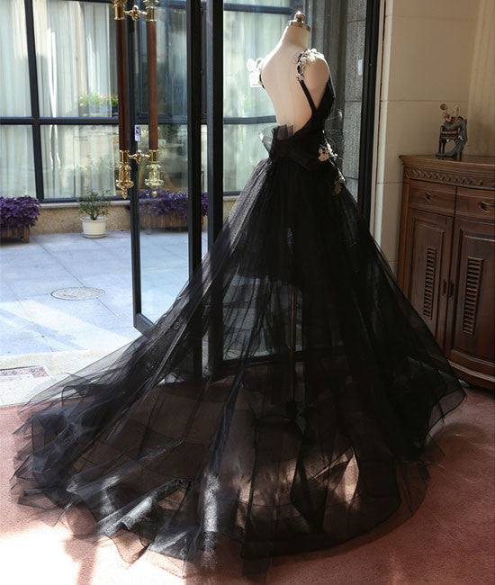 black v neck tulle long prom dress, black evening dress - RongMoon