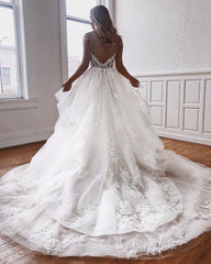 Lace Appliques Puffy Tulle Sexy Spaghetti Straps Wedding Dress