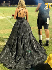 Black Open Back A Line Sequin Sexy Prom Dress