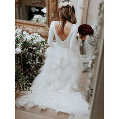 Princess Tulle Ruffles Scoop Long Sleeves Backless Wedding Dress