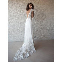 A-Line Tulle Applique V-neck Sleeveless Flowers Wedding Dress